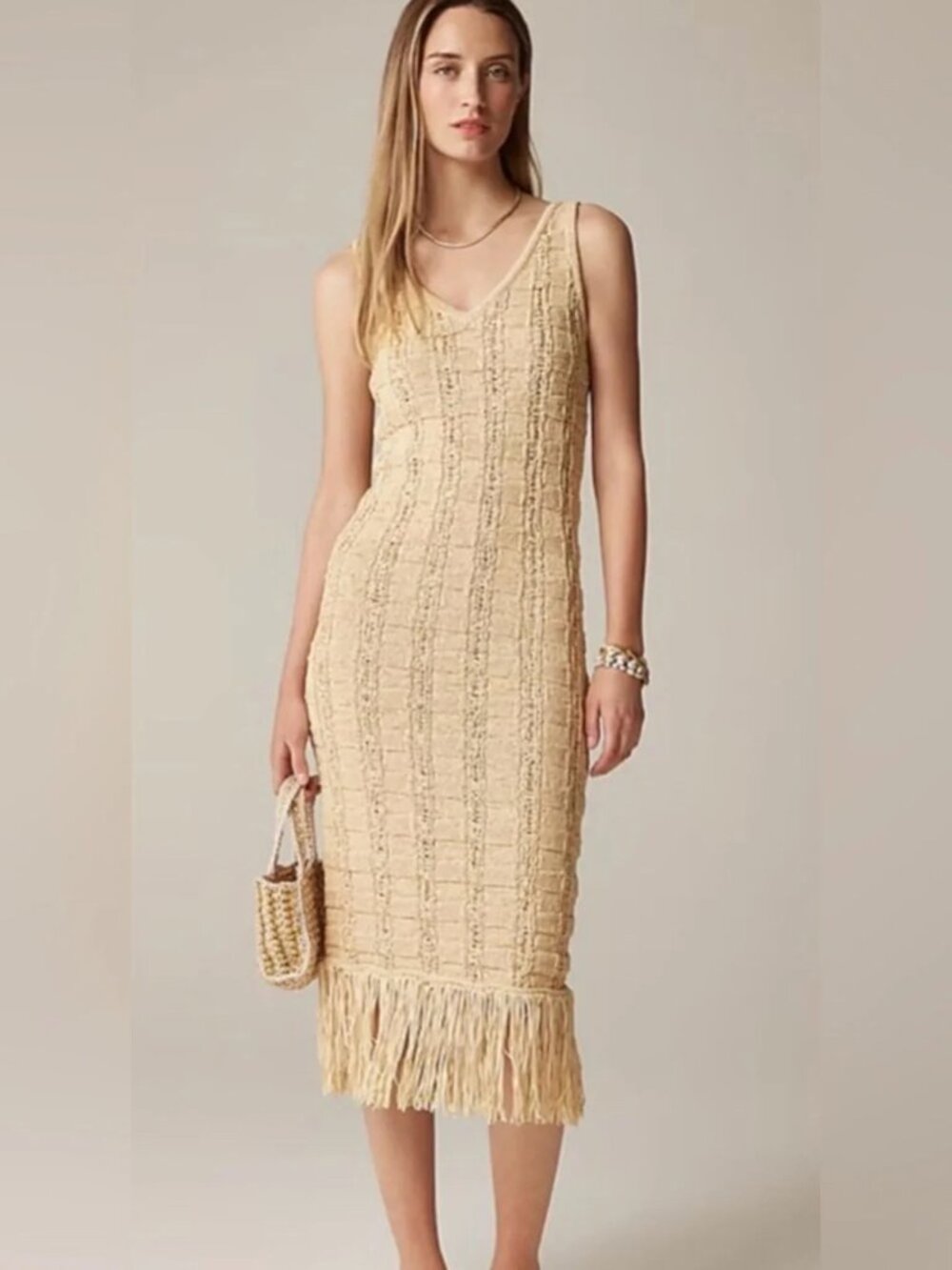 J. Crew Cream Fringe-Trim Knit Crochet Midi Dress Size L NWT